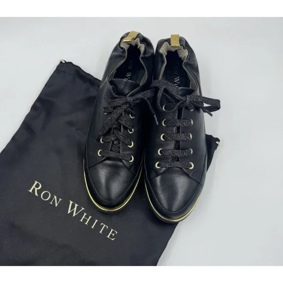 Ron White Nicole Leather Onyx Black and Gold Lace up Sneakers Size 40/9US - Picture 1 of 11